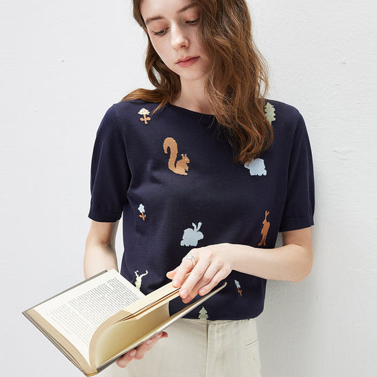 COMOBOCA Navy Blue Women's Forest Animal Intarsia Knit T-Shirt