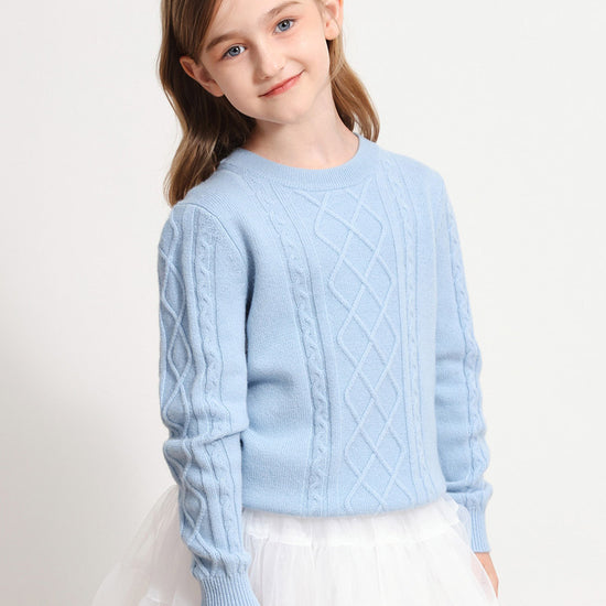 COMOBOCA LIGHT BLUE 100% Wool Kids' Ribbed Round Neck Sweater