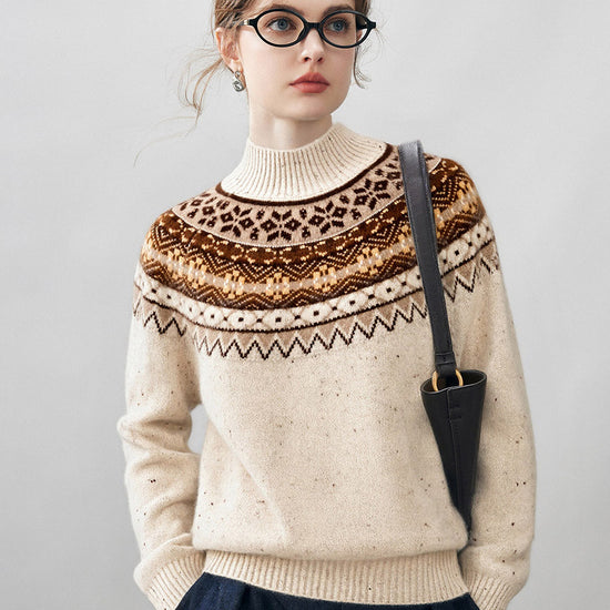 COMOBOCA 100% Cashmere Women's Fair Isle Mock Neck Sweater