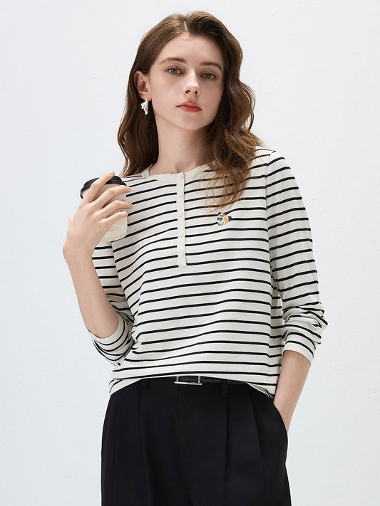 COMOBOCA Striped Women's Striped Henley Button Knit Sweater