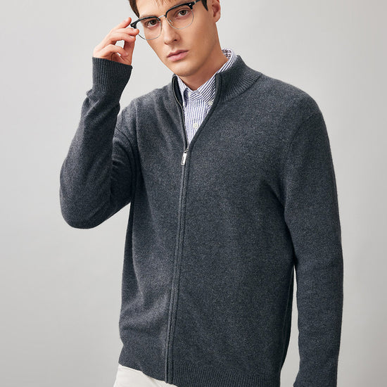 COMOBOCA 100% Cashmere Men's Full Zip Mock Neck Knit Cardigan