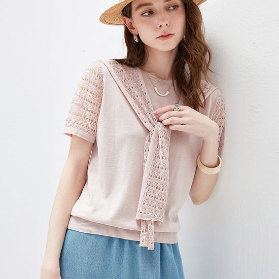 COMOBOCA Women's Lace Round Neck Knit T-Shirt