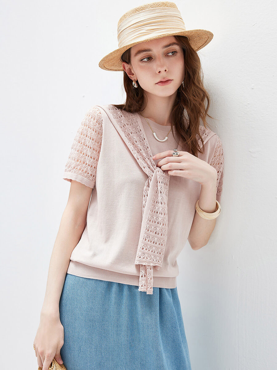 COMOBOCA Women's Lace Round Neck Knit T-Shirt