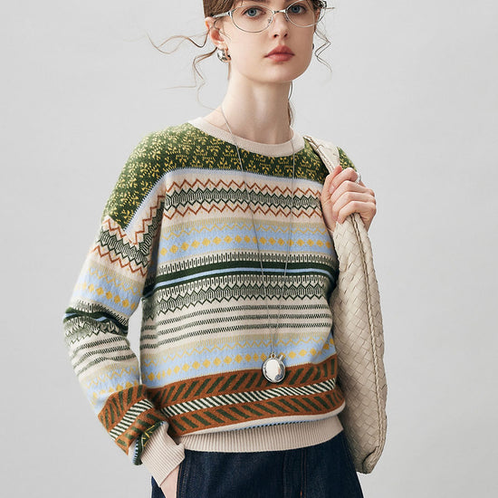 COMOBOCA 100% Cashmere Women's Fair Isle Round Neck Sweater