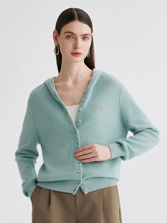 COMOBOCA 100% Cashmere Women's Button Up Knit Hoodie