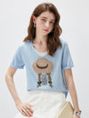 Women's mulberry Silk Knit Top with Patterned Jacquard & U-Neck