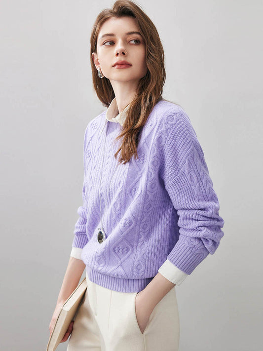 COMOBOCA 100% Wool Women's Cable Round Neck Knit Sweater