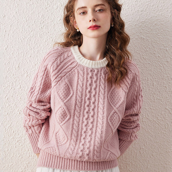 COMOBOCA Pink 100% Wool Women's Contrast Color Cable Knit Sweater