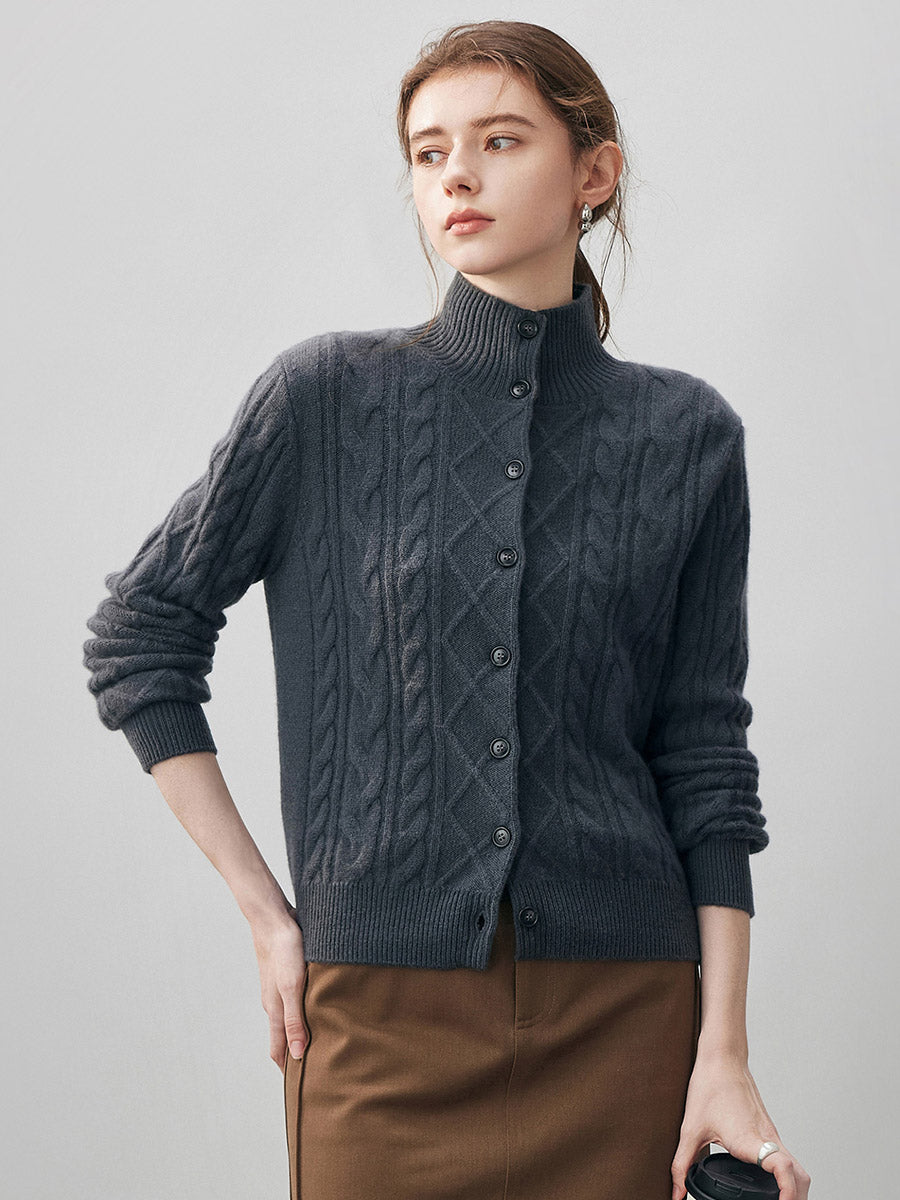 COMOBOCA 100% Cashmere Women's Cable Mock Neck Knit Cardigan