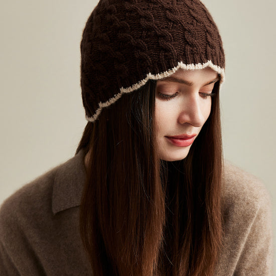 COMOBOCA Coffee 100% Cashmere Women's Cable Knit Beanie