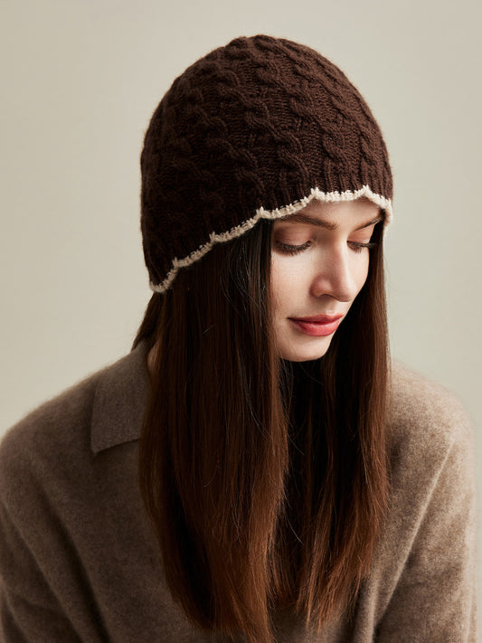 COMOBOCA Coffee 100% Cashmere Women's Cable Knit Beanie