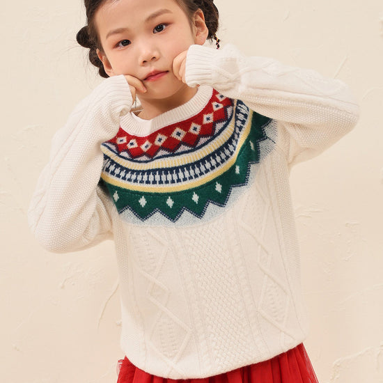 COMOBOCA White 100% Wool Kids' Vintage Fair Isle Knit Sweater