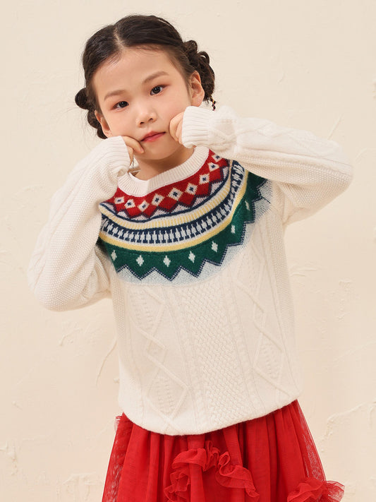 COMOBOCA White 100% Wool Kids' Vintage Fair Isle Knit Sweater