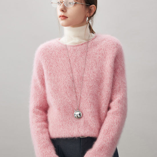 COMOBOCA 100% Wool Women's Fuzzy Round Neck Sweater