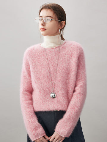 COMOBOCA 100% Wool Women's Fuzzy Round Neck Sweater