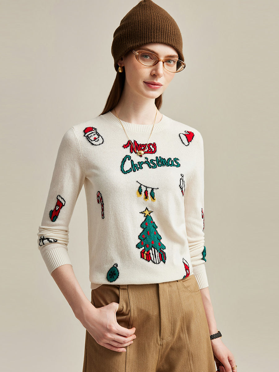 COMOBOCA 100% Cashmere Women's Christmas Embroidered Knit Sweater