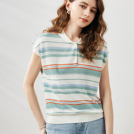 COMOBOCA Women's Striped Knit Polo T-Shirt