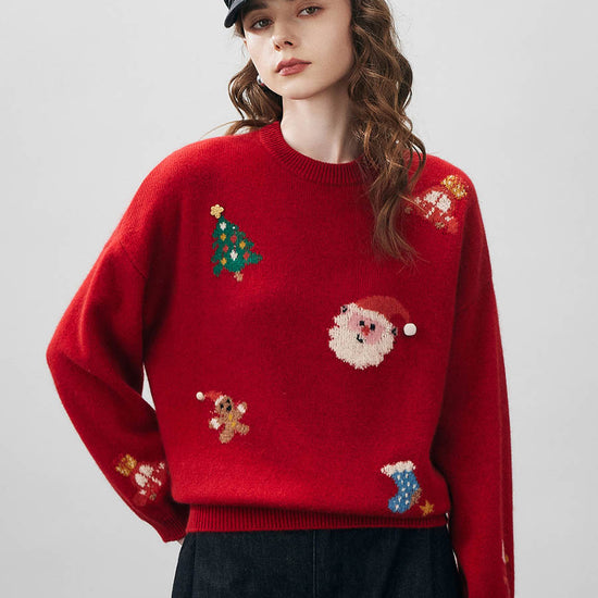 COMOBOCA Deep Red Women's Wool Christmas Themed Round Neck Sweater