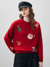COMOBOCA Deep Red Women's Wool Christmas Themed Round Neck Sweater