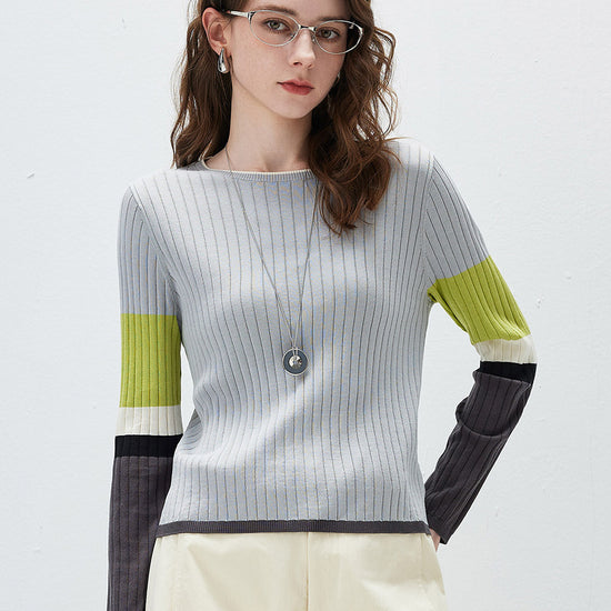 COMOBOCA Gray Women's Ribbed Color Block Round Neck Knit Sweater