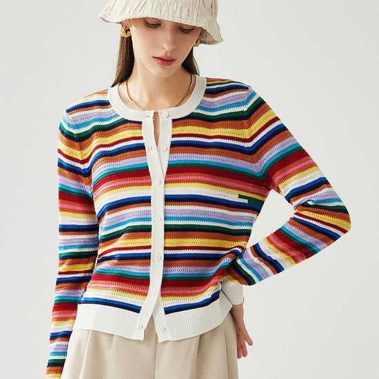 COMOBOCA Women's Ribbed Rainbow Striped Knit Cardigan