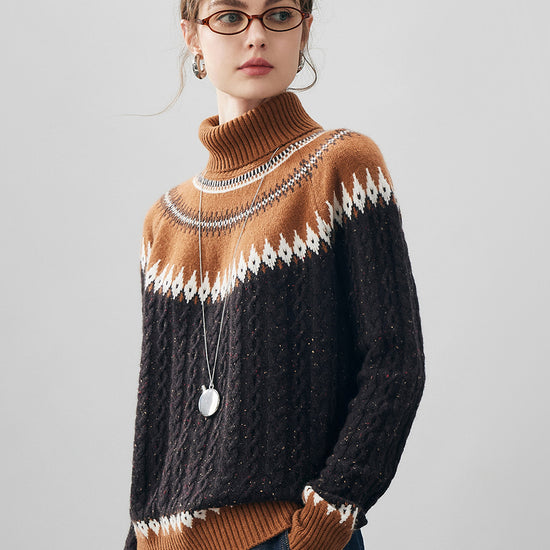 COMOBOCA 100% Cashmere Women's Cable Fair Isle Turtleneck Sweater