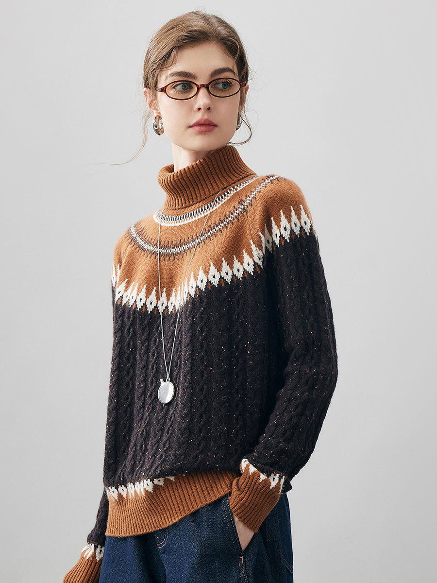 COMOBOCA 100% Cashmere Women's Cable Fair Isle Turtleneck Sweater