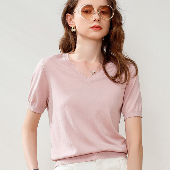 COMOBOCA Women's V-Neck Knit T-Shirt