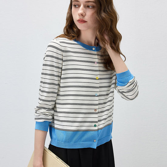 COMOBOCA Women's Striped Color Block Button Front Cardigan