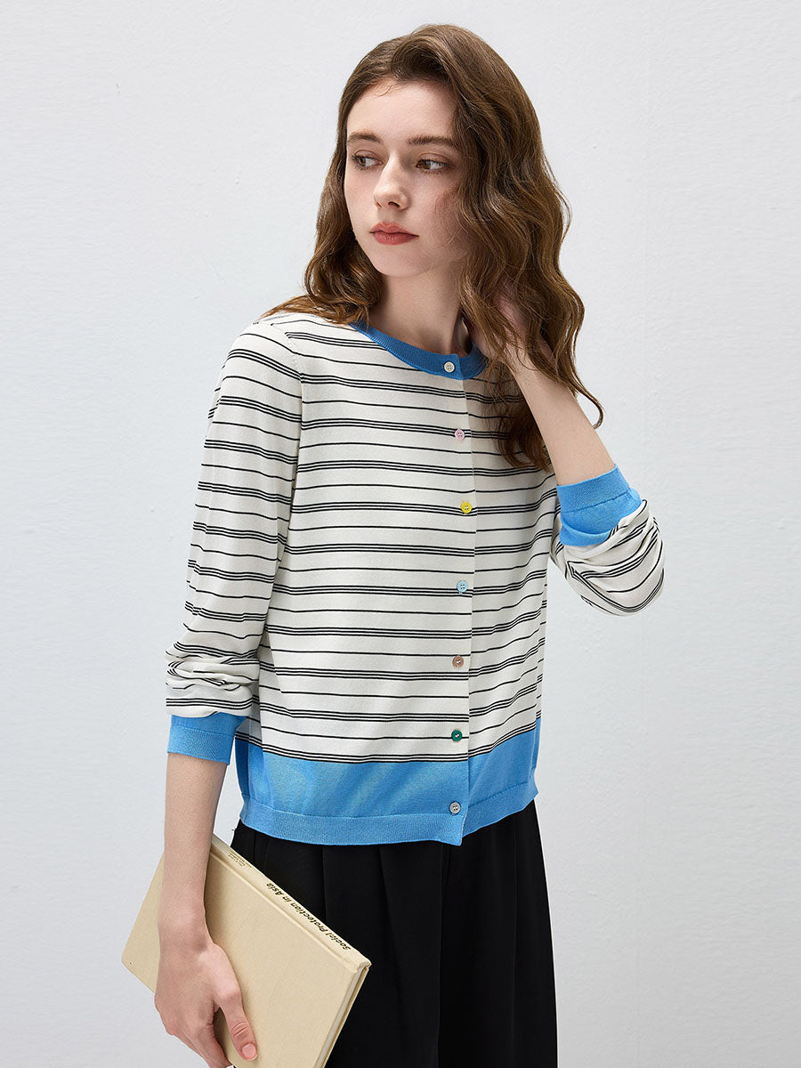 COMOBOCA Women's Striped Color Block Button Front Cardigan