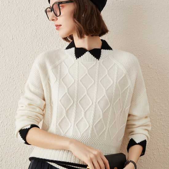 COMOBOCA 100% Cashmere Women's Contrast Jacquard Mock Neck Sweater