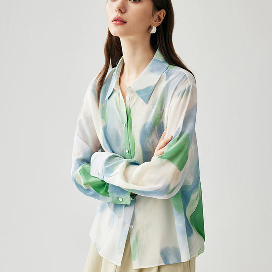 COMOBOCA 100% Mulberry Silk Women's Watercolor Print Shirt