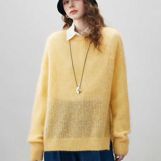 COMOBOCA M Light Yellow Women's Mohair Sheer Knit Round Neck Sweater