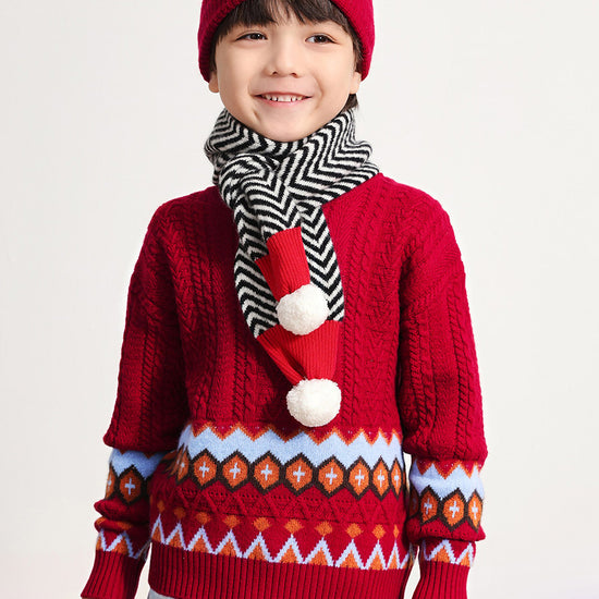 COMOBOCA RED 100% Wool Kids' Round Neck Striped Cable Knit Sweater