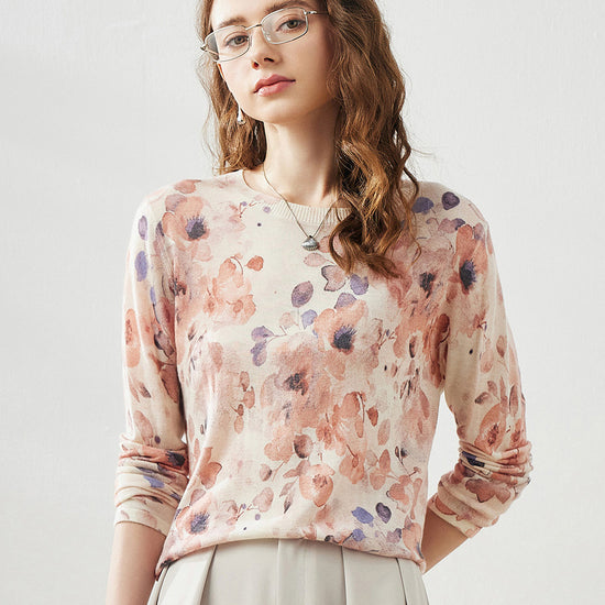 COMOBOCA Pink Women's Floral Round Neck Sweater