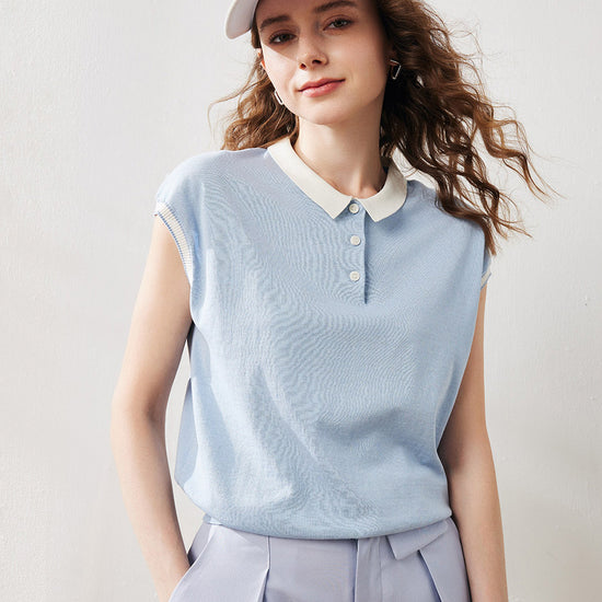 COMOBOCA Light Blue Women's Cotton Silk Ribbed Polo Neck Knit T-Shirt