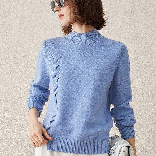 COMOBOCA Light Blue 100% Cashmere Women's Ribbed Cable Knit Sweater