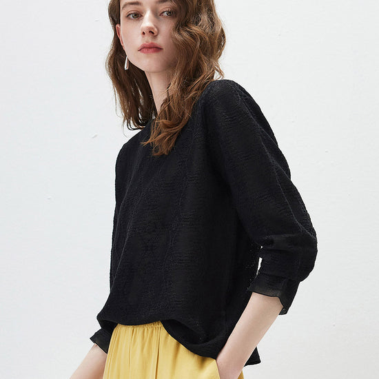 COMOBOCA Women's Textured Sheer Knit Round Neck Sweater