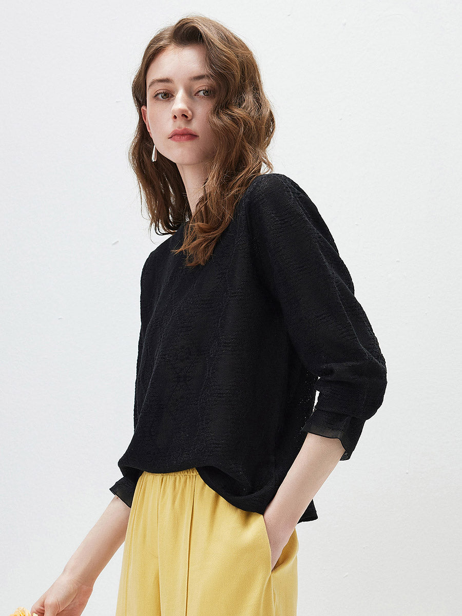 COMOBOCA Women's Textured Sheer Knit Round Neck Sweater