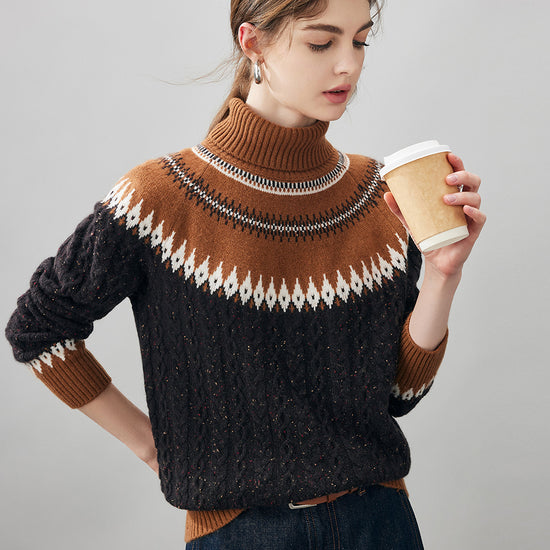 COMOBOCA 100% Cashmere Women's Cable Fair Isle Turtleneck Sweater