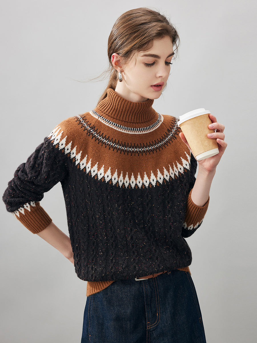 COMOBOCA 100% Cashmere Women's Cable Fair Isle Turtleneck Sweater