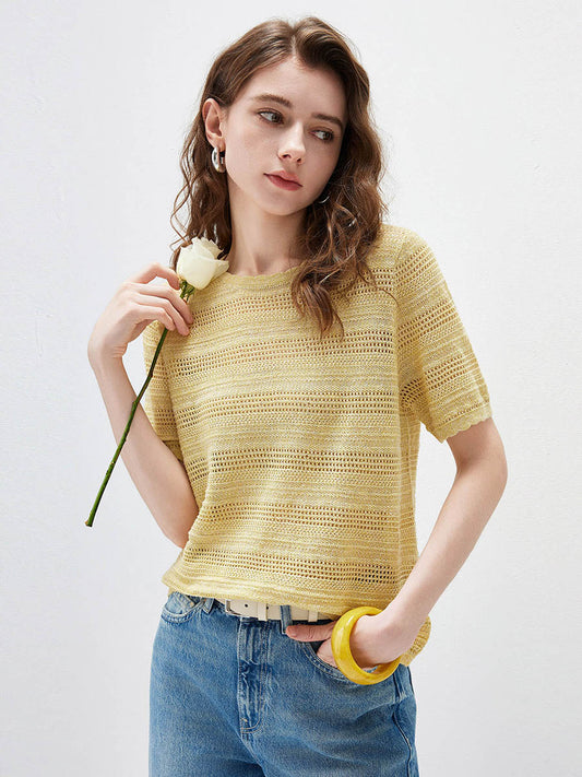 COMOBOCA Light Yellow Women's Openwork Mesh Knit T-Shirt