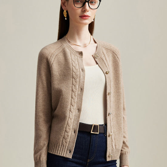 COMOBOCA Camel 100% Cashmere Women's Cable Button Knit Cardigan