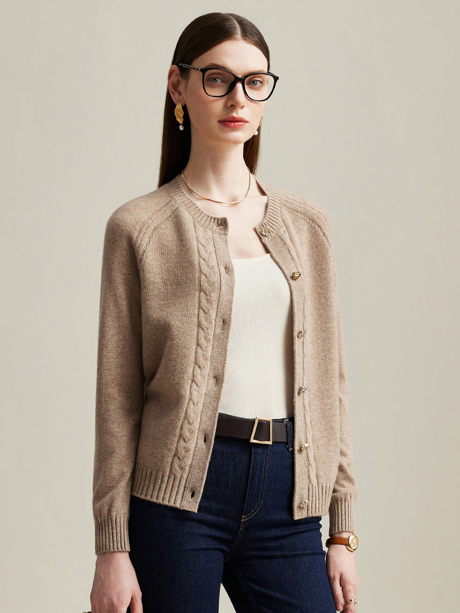 COMOBOCA Camel 100% Cashmere Women's Cable Button Knit Cardigan