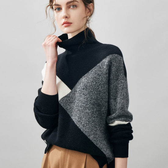 COMOBOCA 100% Cashmere Women's Geometric Turtleneck Sweater