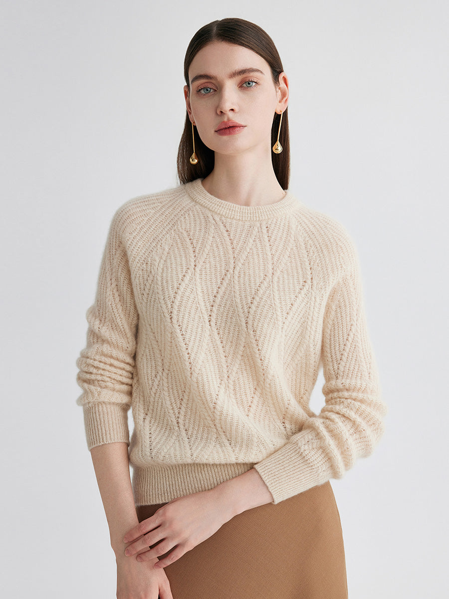 COMOBOCA Beige 100% Cashmere Women's Cable Knit Sweater