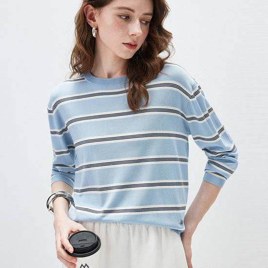 COMOBOCA Women's Striped Round Neck Knit Sweater
