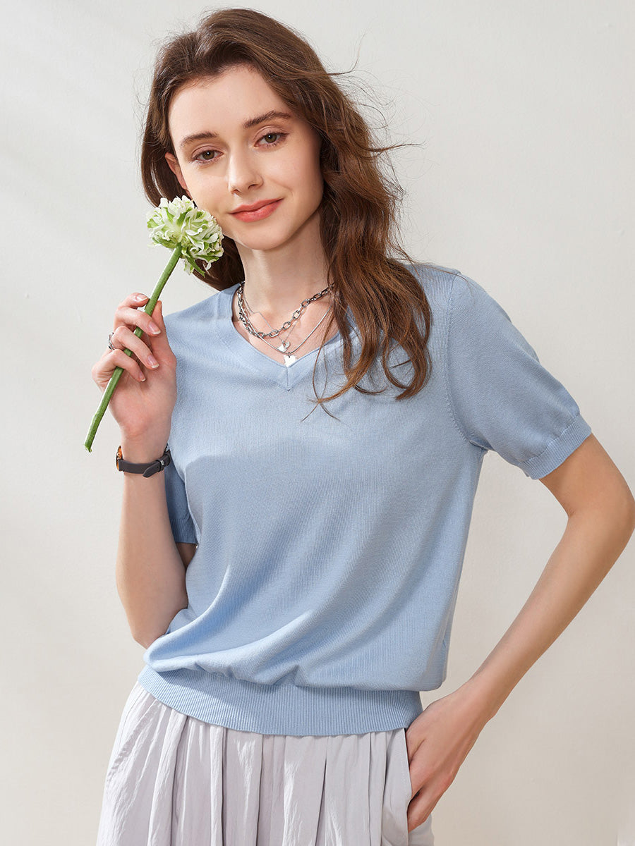 COMOBOCA Blue Women's Lyocell V-Neck Ribbed Knit T-Shirt