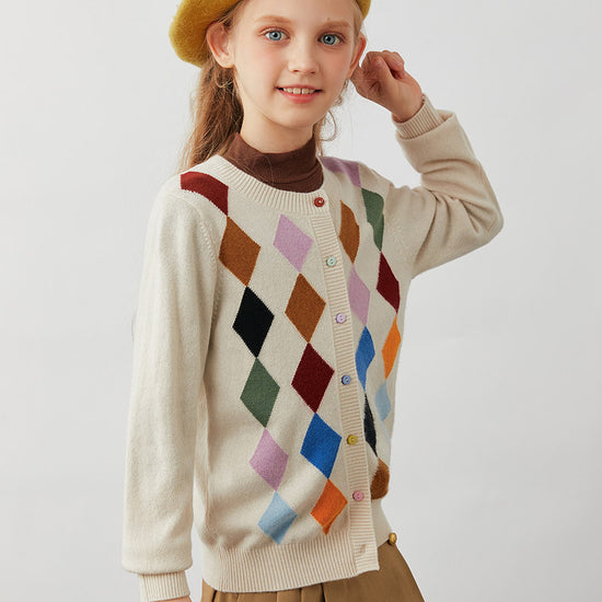COMOBOCA 100% Wool Kids' Colorful Buttons Argyle Cardigan