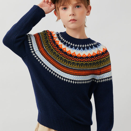 COMOBOCA 100% Wool Kids' Fair Isle Round Neck Sweater